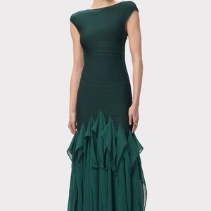 HERVE LEGER PARIS Dark Green Ruffled bandage dress real!!